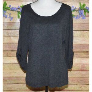 Calvin Klein Gray Roll Tab 3/4 Sleeve Ribbed Knit Silk Blend Top Sweater Size XL